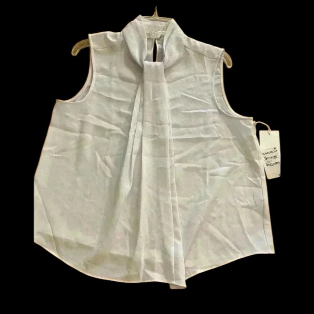 Nordstrom Women's Sleeveless Classic Blouse tie white large poly NEW